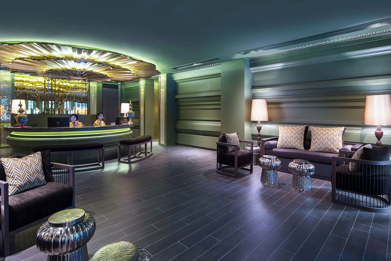 Reception and seating in the Chillax Heritage lobby