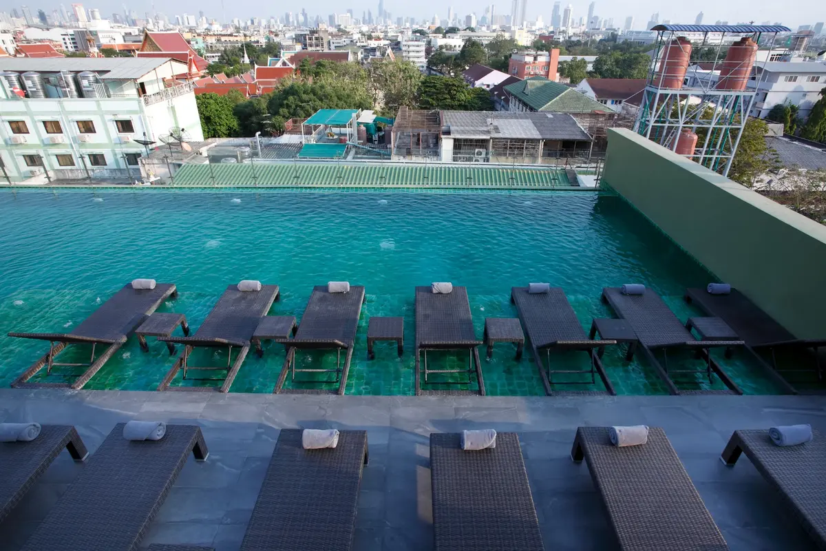 View across the rooftop infinity pool