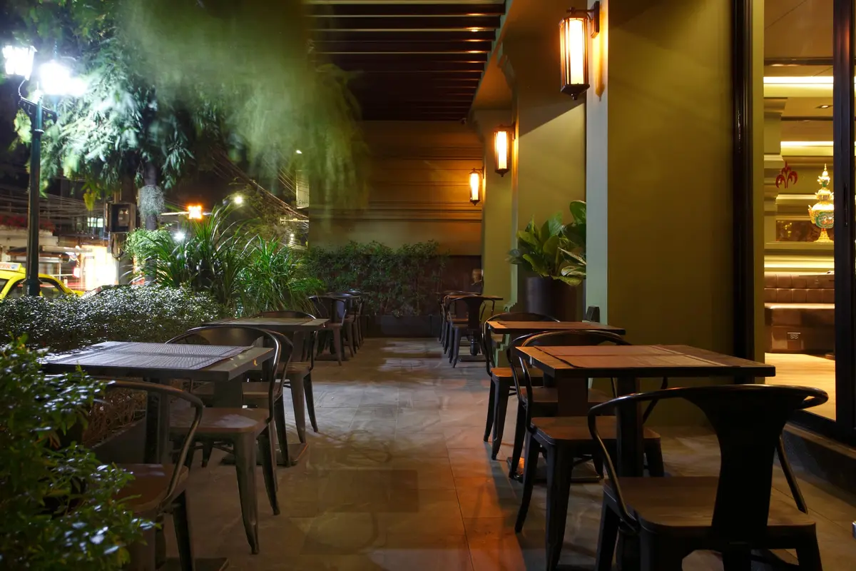 Outdoor restaurant terrace at night